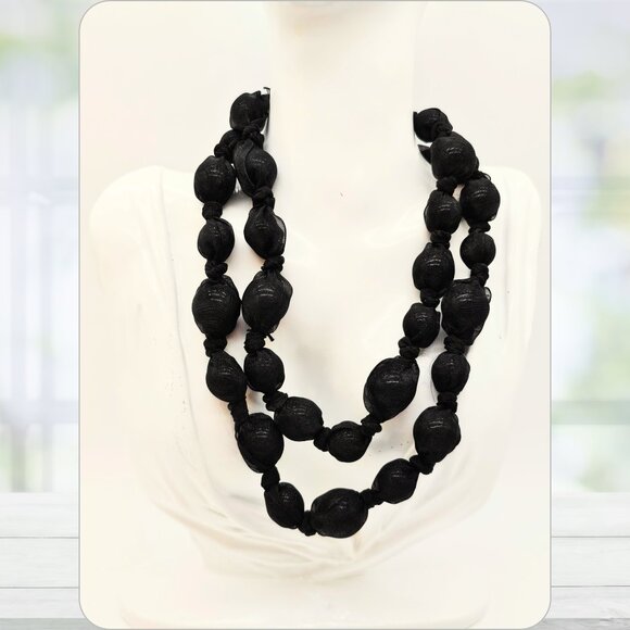 Black Netted Bead Necklace with Ribbon Tie Lightweight Statement Layering Piece - Picture 2 of 7